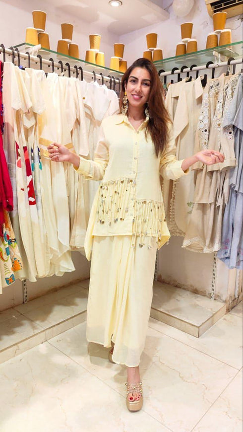 Light Yellow Tassel Dhoti Set
